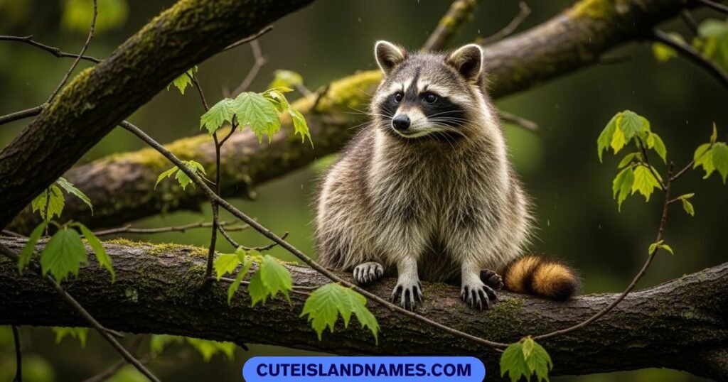 cool raccoon sitting on tree branch at night