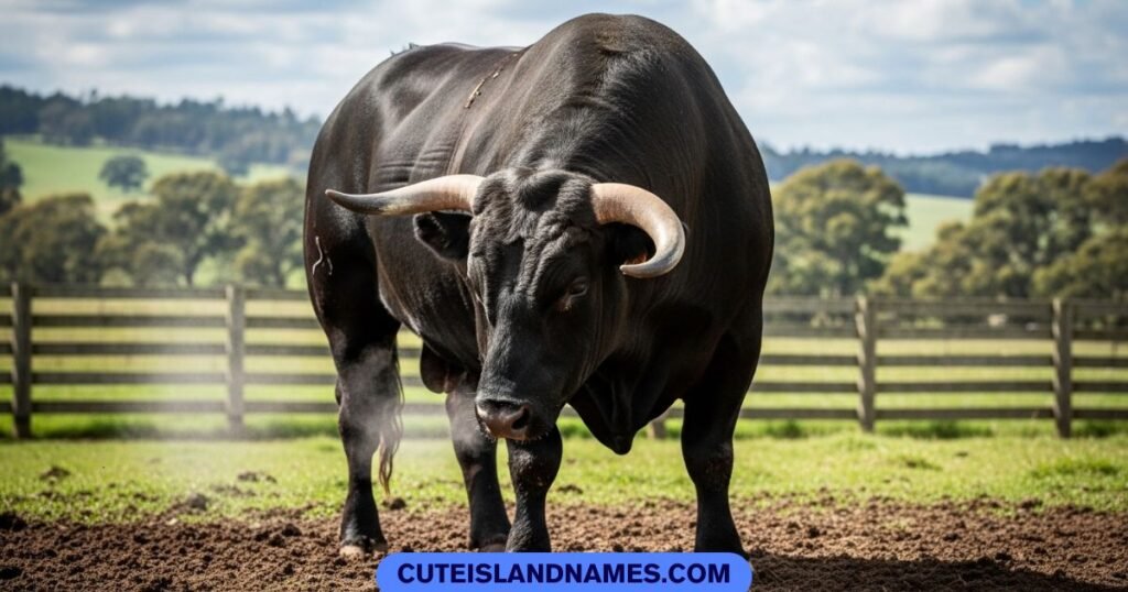 A powerful black bull with large horns in an aggressive stance on a farm